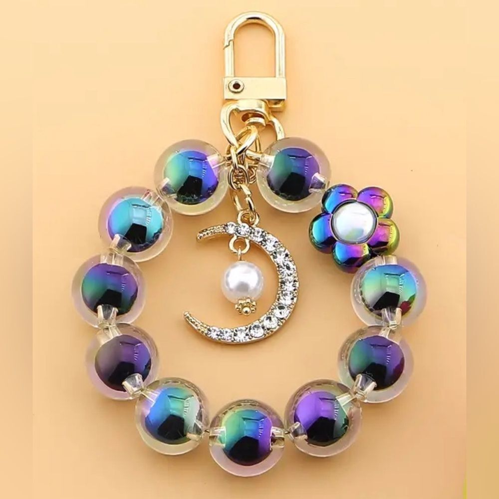 BAG CHARM Beaded Keychain With Large Hollow Pearls & Rhinestone Moon Pen…